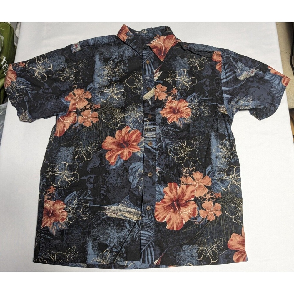 REEL LEGENDS Floral Swordfish Print Men Large Black Cotton Blend Hawaiian Shirt - Picture 3 of 15